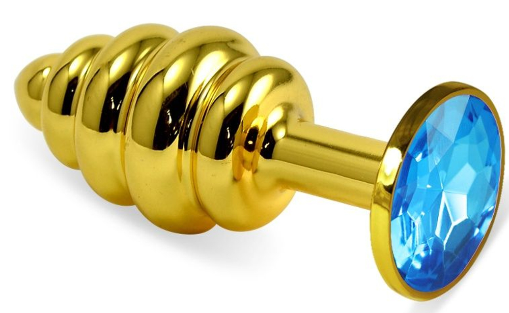 Золотистая ребристая анальная пробка с голубым кристаллом - 7,5 см. (Цвет: голубой)