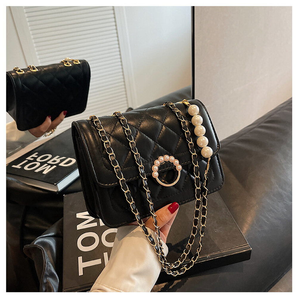 Сумка женская летняя стеганая с жемчугом, черный