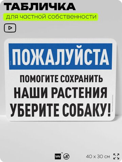 Табличка для частной территории "Пожалуйста, помогите сохранить наши растения, уберите собаку", на дом, для участка и организаций, предупреждающая, 40х30 см, Silver Plane x Айдентика Технолоджи