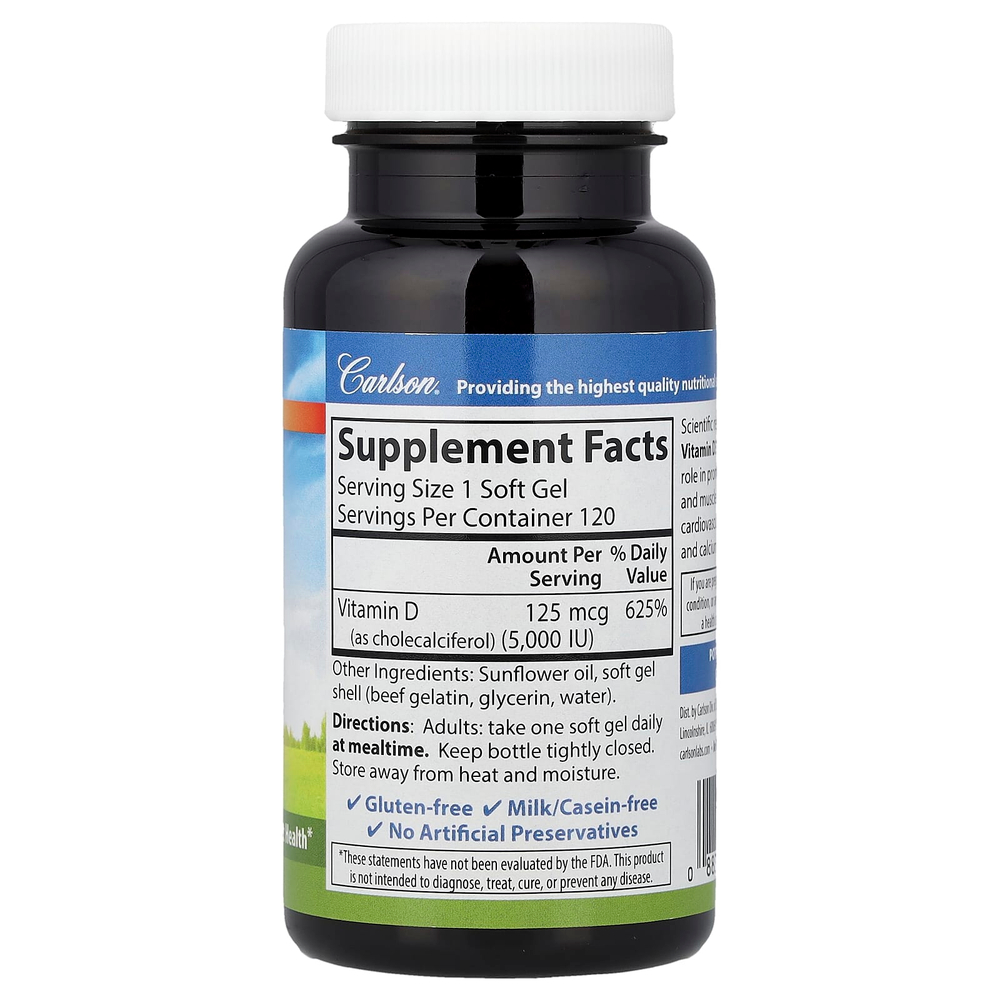 Carlson, Витамин D3, 125 мг (5000 МЕ), 120 мягких таблеток