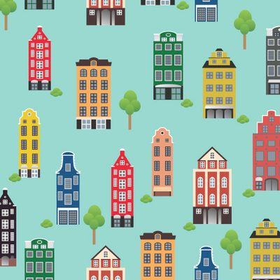 разноцветные  графические домики на мятном фоне