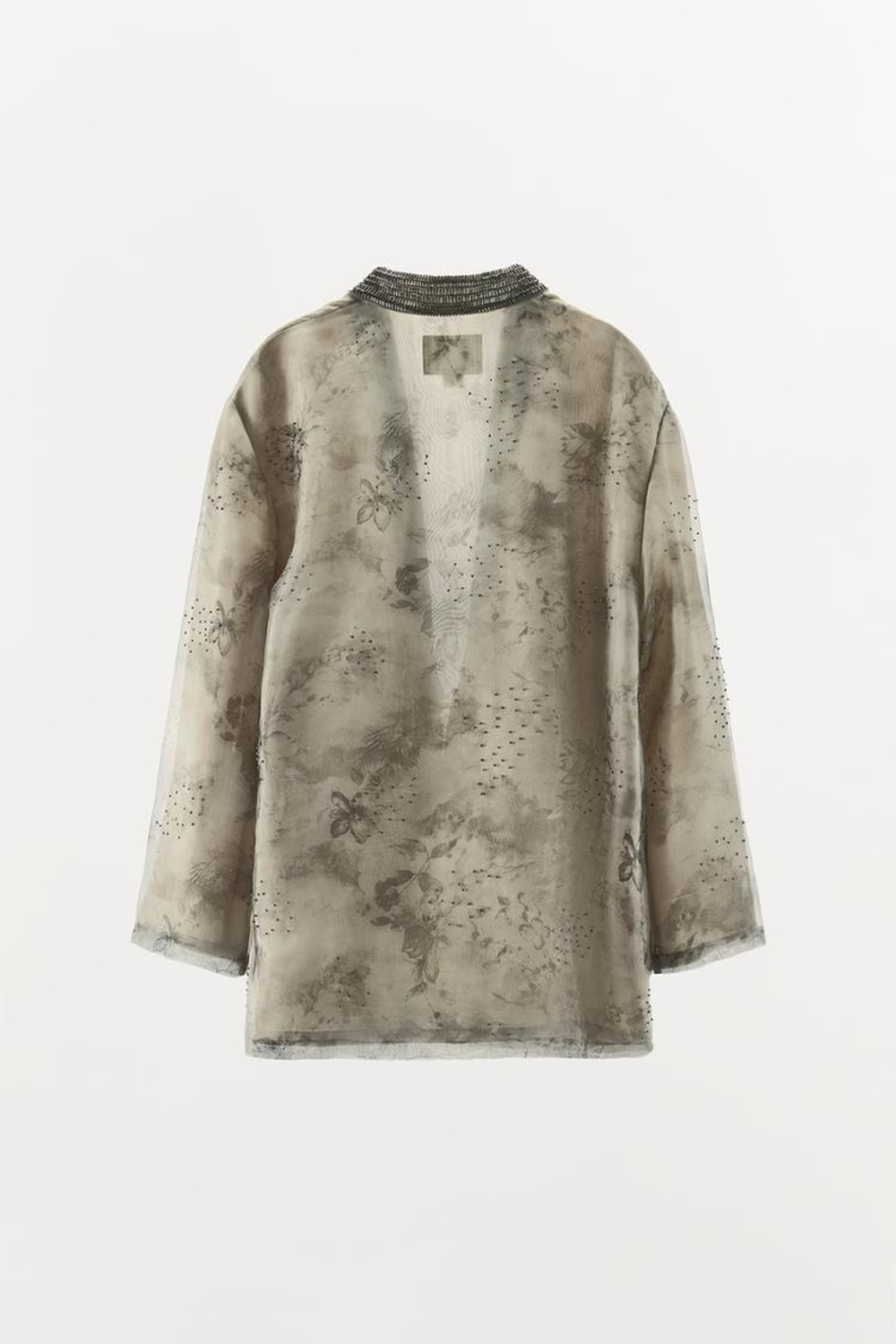 ZARA КИМОНО ИЗ ОРГАНЗЫ С ПРИНТОМ И БУСИНАМИ, СЕРО-КОРИЧНЕВЫЙ