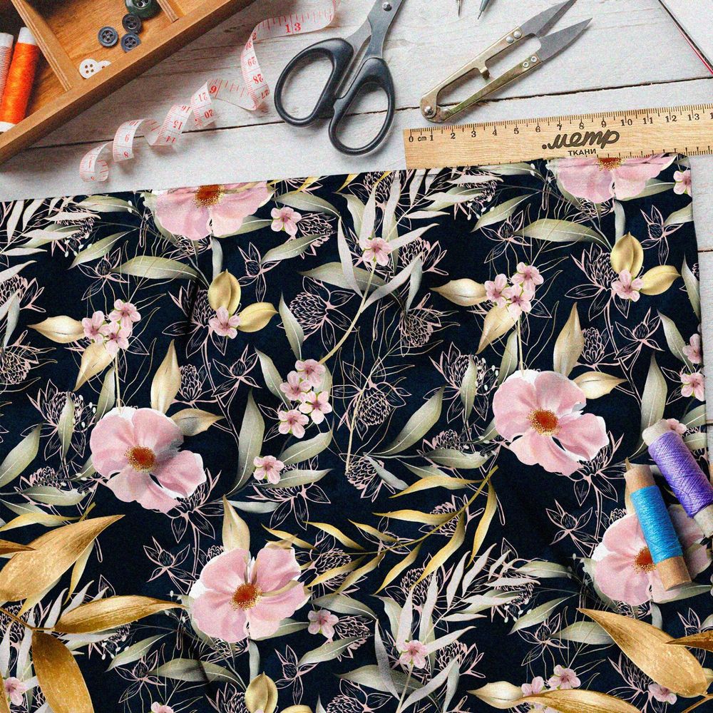 Ткань флис маслом нарисованные цветы, листва и клевер