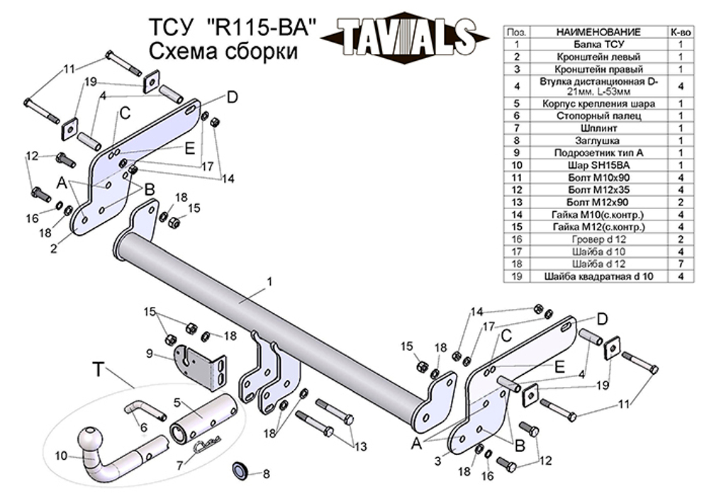 Фаркоп(прицепное) Tavials для RENAULT DUSTER, NISSAN TERRANO (С БЫСТРОСЪЕМНЫМ ШАРОМ)(паспорт и сертификат в комплекте)(без электрики)T-R115-BA