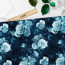 Ткань габардин голубые розы в тумане