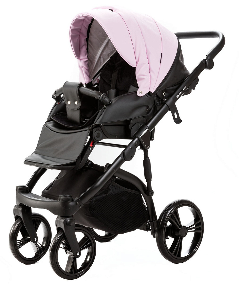 Детская коляска Adamex Lanti Deluxe 3 в 1 LN-SD101 (РОЗОВ.ЗЕФИР КОЖА + ЧЕРН.КОЖА)