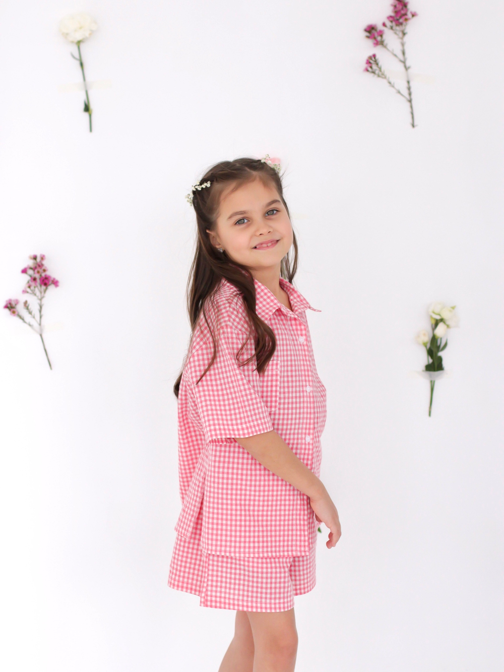 Костюм из варёного хлопка, рубашка и шорты "Розовая клеточка"