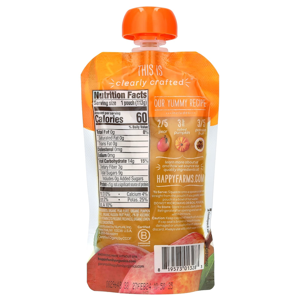 Happy Family Organics, Органическое детское питание, этап 2, от компании Clearly Crafted, для детей от 6 месяцев, груши, тыква и маракуйя, 113 г (4,0 унции)