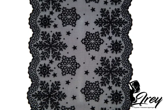 0142 Кружево эластичное 19 см, Италия, флок, снежинки, черный
