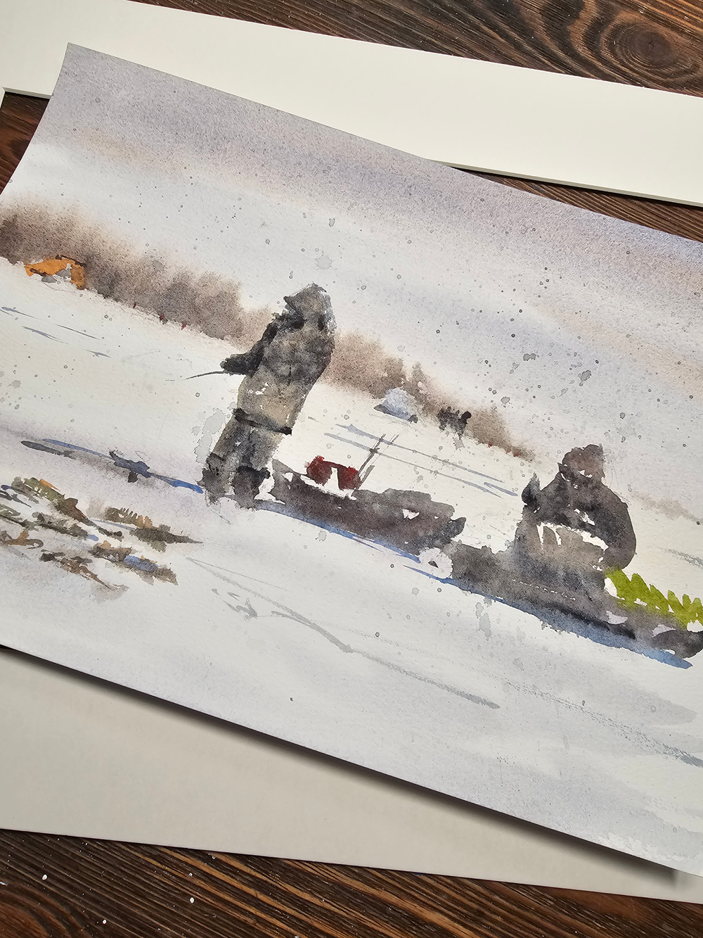 Картина авторская акварельная в паспарту 30х40 см на стену для интерьера "Зимняя рыбалка"