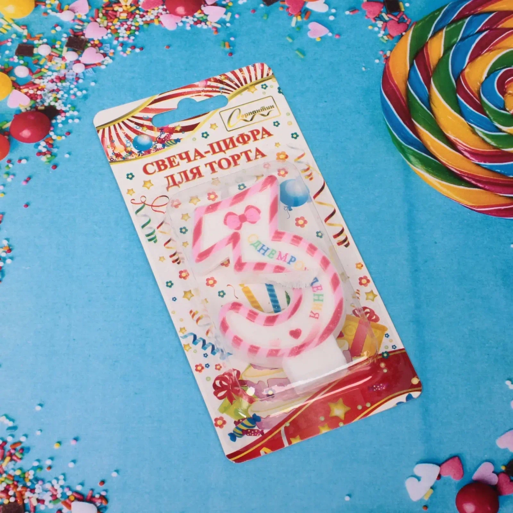 Свеча для торта Цифра Happy «3» 6*4 см, красный