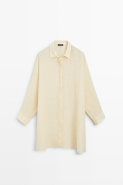 Massimo Dutti Короткое льняное платье-рубашка, светло-желтый