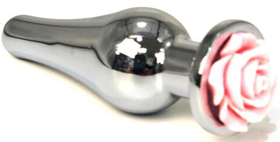 Серебристая удлиненная анальная пробка с розовой розой - 12,5 см. (Цвет: розовый)