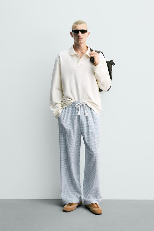 ZARA БРЮКИ RELAXED FIT В КЛЕТКУ, НЕБЕСНО-ГОЛУБОЙ