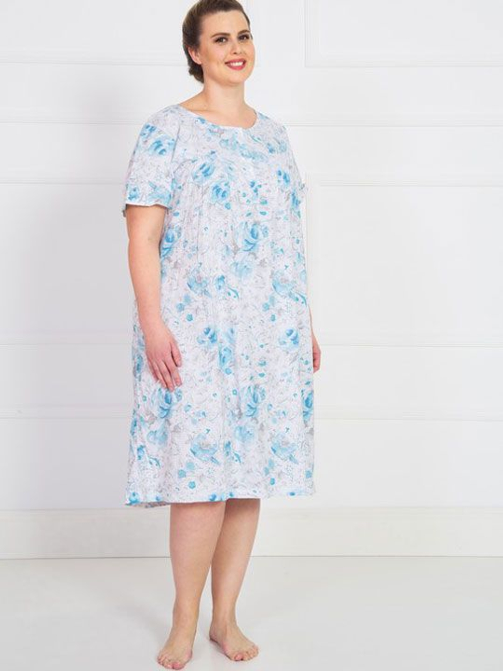 Свободная домашняя сорочка с крупным цветочным рисунком (Размер: 4X) (Цвет: голубой)