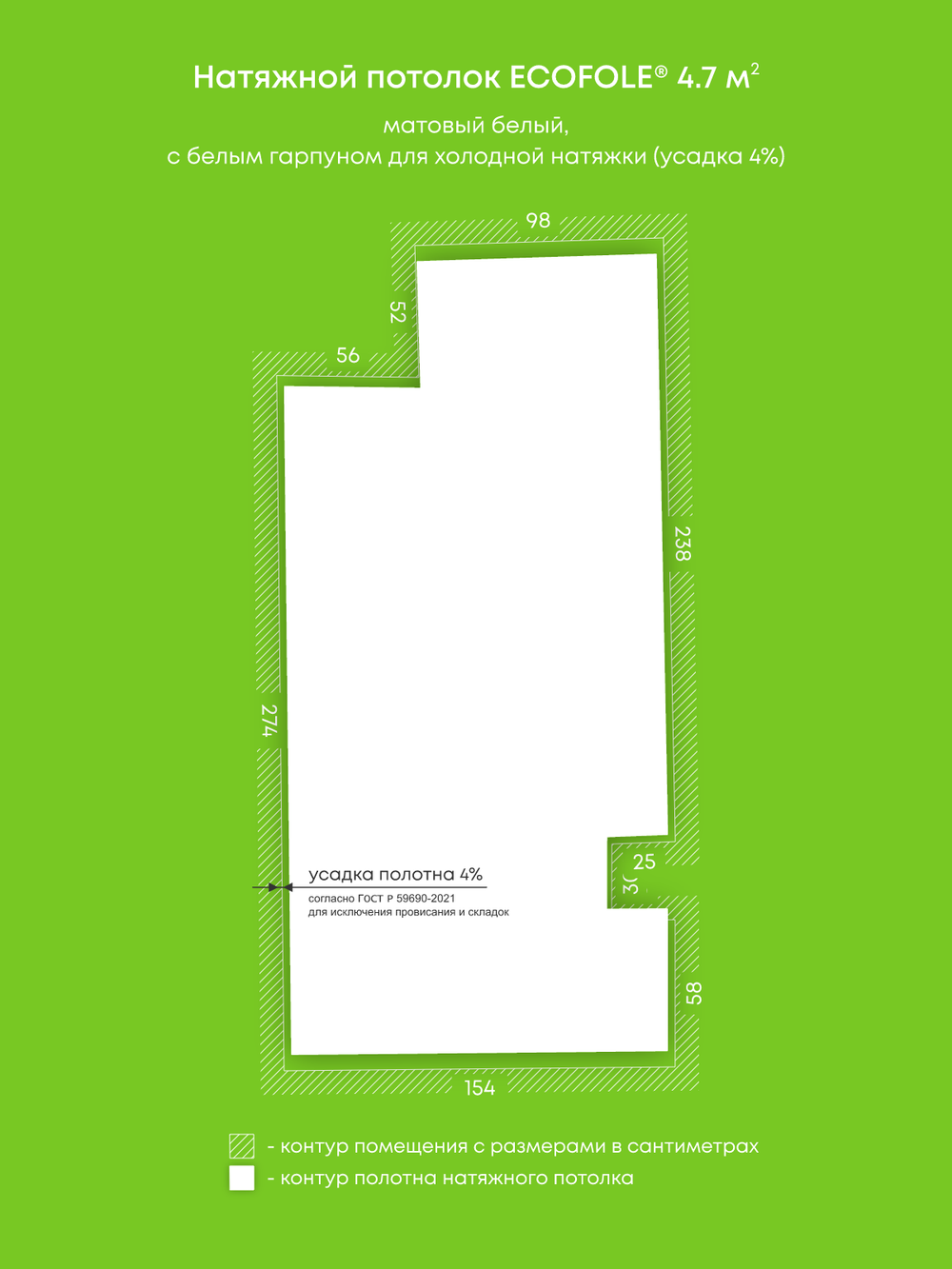Матовый натяжной потолок 4.7 м2