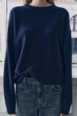 ZARA ОДНОТОННЫЙ СВИТЕР ИЗ 100% КАШЕМИРА, МОРСКОЙ СИНИЙ