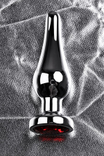 Серебристая вытянутая анальная пробка 10см с красным кристаллом ToyFa Metal 717049-9