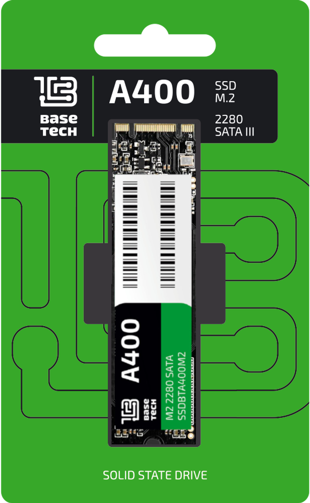 SSD BaseTech A400 128Гб, M.2 2280, SATA3, Retail, TLC, Чтение:520мб/с, Запись:450мб/с (SSDBTA400128GM2)
