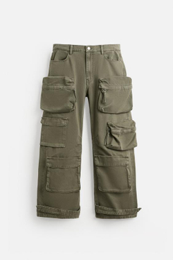 ZARA ДЖИНСОВЫЕ БРЮКИ КАРГО С КАРМАНАМИ, ЗЕЛЕНЫЙ