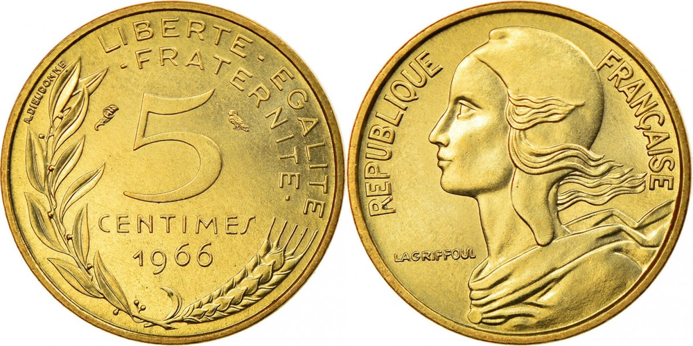 Франция 5 сантимов, 1966-2001 Марианна XF