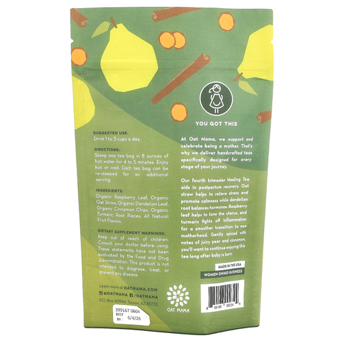 Oat Mama, Послеродовой лечебный чай, груша со специями, без кофеина, 14 чайных пакетиков, 32 г