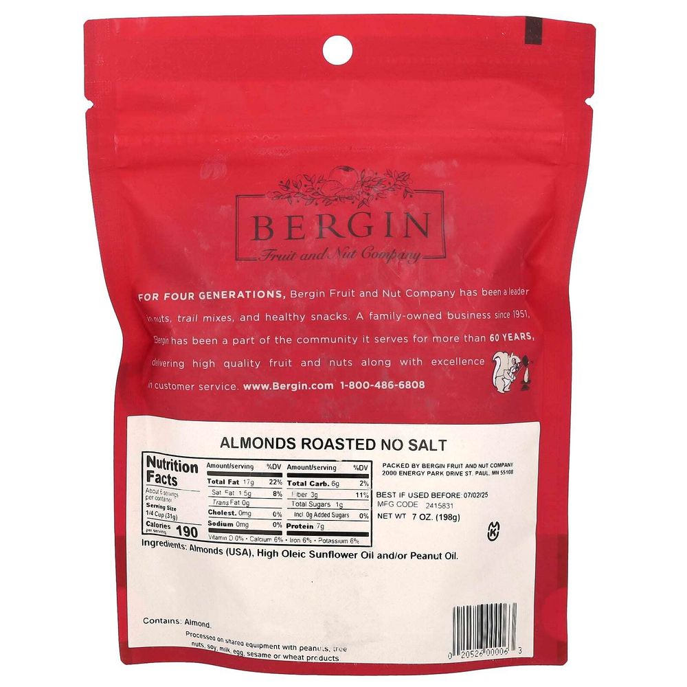 Bergin Fruit and Nut Company, обжаренный миндаль, без соли, 198 г (7 унций)