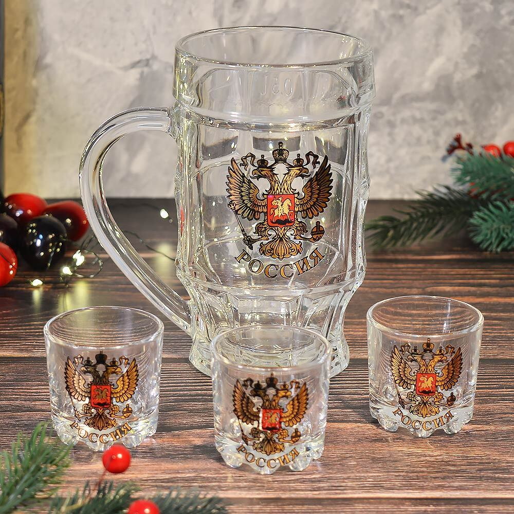 Набор 4 предмета (3 стопки 50мл, кружка для пива 500мл) Золотой герб России