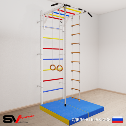 Шведская стенка Sv Sport усиленная 6214 (Турник рукоход/Канат/Кольца/Лестница/Мат 1м)