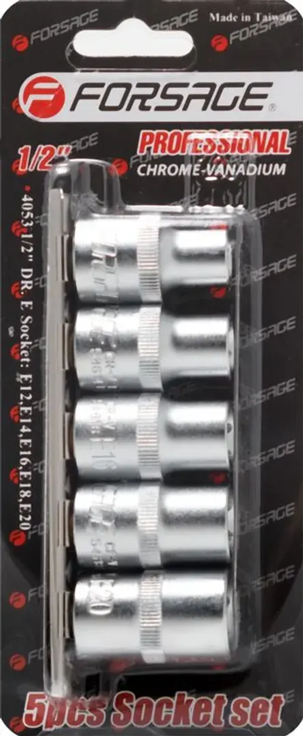 Набор головок Е-профиль 5пр. 1/2''(E12,E14,E16,E18,E20), на планке Forsage F-4053
