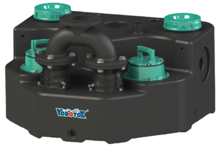 Насосная станция канализационная "Vodotok" с двумя насосами, имеющими моторы на постоянных магнитах и частотным преобразователем скорости вращения ротора модель КНС-ПМЧР-9м-18м³/ч-1,1кВт-180л