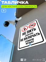 Табличка для частной территории "Не пить алкоголь, не включать громкую музыку", на дом, для участка, организаций и частных территорий, предупреждающая, 40х30 см, Silver Plane x Айдентика Технолоджи