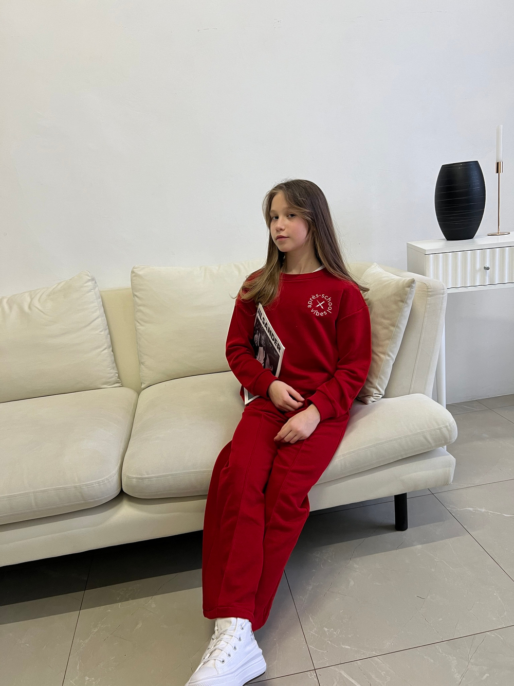 Костюм  для девочки из футера с широкими штанами Apres School красный