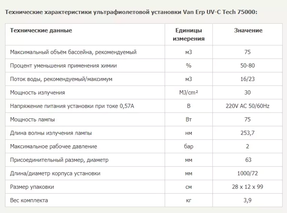 Ультрафиолетовая установка для бассейнов до 75 м³ - UV-C 75000 Tech - 75Вт, 230В, 16/23 м³, подкл. Ø63мм - VGE, Нидерланды