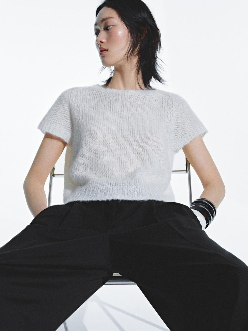 Massimo Dutti Трикотажный свитер из смесовой альпаки с короткими рукавами, натуральный, кремовый