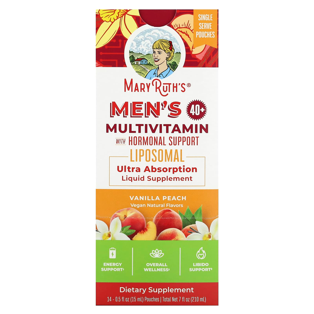 MaryRuth's, мультивитамины с гормональной поддержкой для мужчин от 40 лет, со вкусом ванили и персика, 14 пакетиков по 15 мл (0,5 жидк. унции)