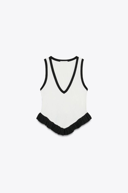 ZARA ТРИКОТАЖНЫЙ ТОП С КОНТРАСТНЫМИ ДЕТАЛЯМИ, БЕЛЫЙ/ЧЕРНЫЙ