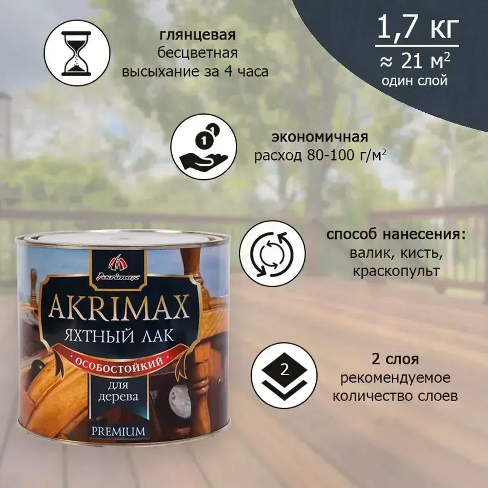 Лак яхтный алкидно-уретановый для дерева и металла AKRIMAX для наружных и внутренних работ, атмосферостойкий, глянцевый, бесцветный 1,7 кг