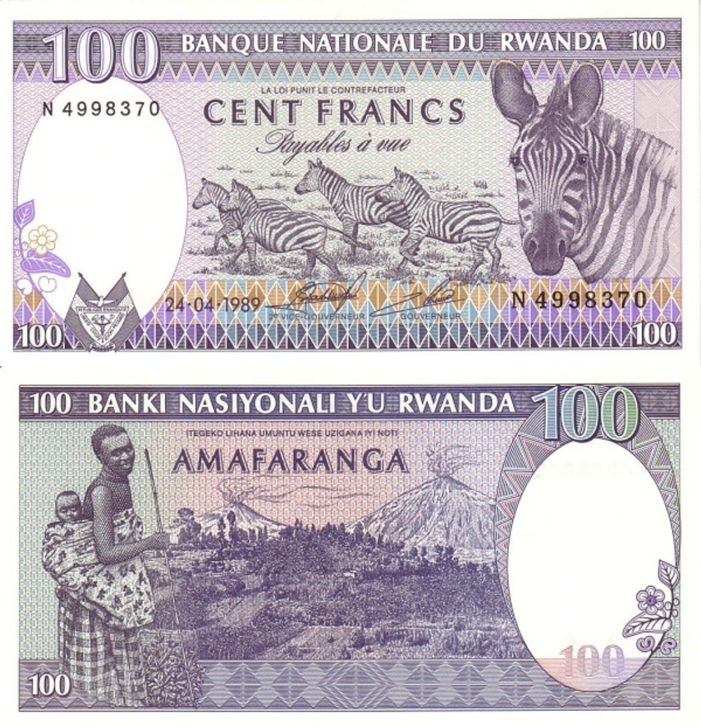 Руанда 100 франков 1989 Женщина UNC