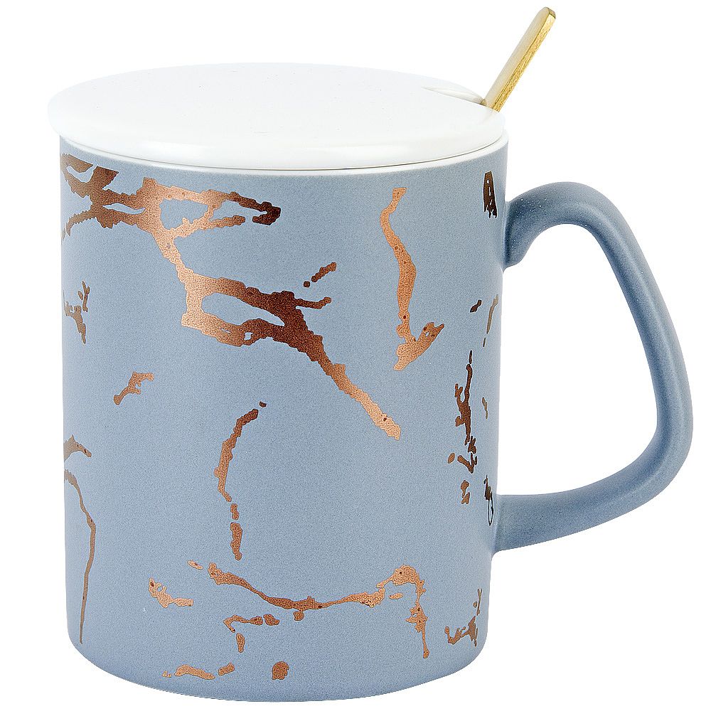 Кружка с крышкой и ложкой "Серый  " (серый) v=380 мл (подарочная упаковка)