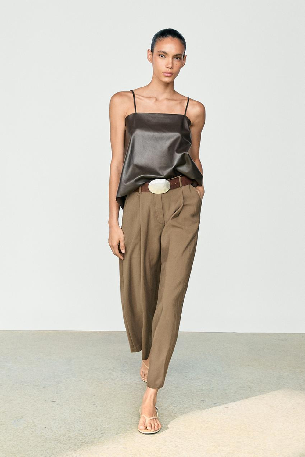 Massimo Dutti Драпированные укороченные широкие брюки, хаки