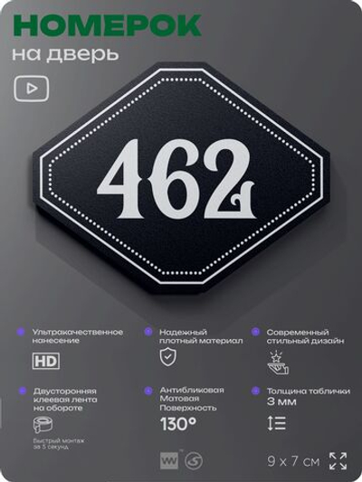 Номерок на дверь квартиры 462, для кабинета, офиса, шильдик 9 х 7 см, черный, Айдентика Технолоджи