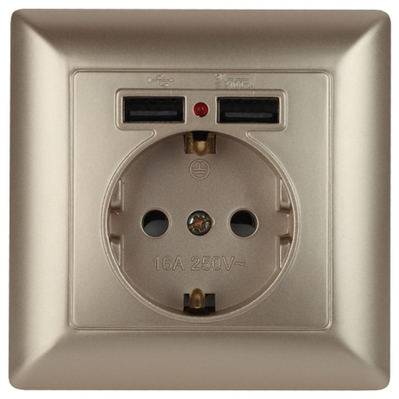 Розетка Intro Solo 4-410-04 2P+E Schuko со шторками 16А-250В + 2хUSB СУ шампань