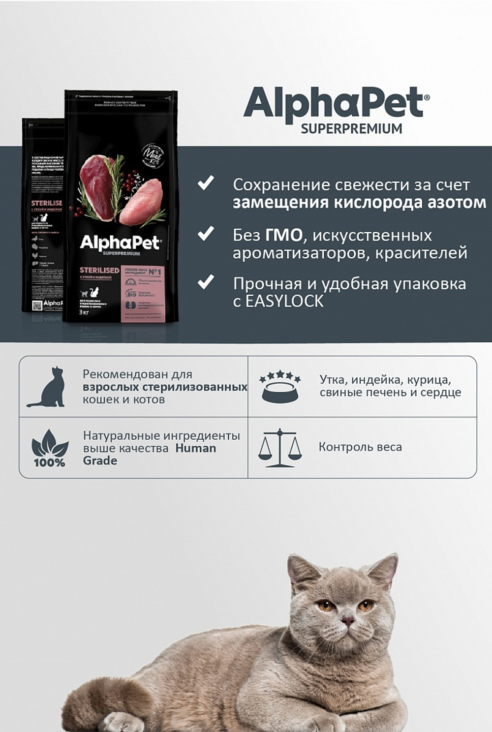 AlphaPet Superpremium Sterilised Сухой корм для стерилизованных кошек Утка и Индейка 400гр