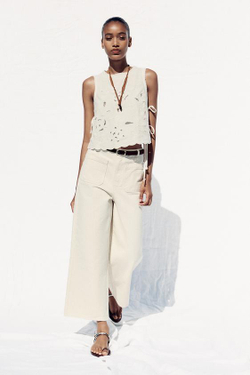 ZARA ДЖИНСЫ-КЮЛОТЫ Z1975 С ВЫСОКОЙ ПОСАДКОЙ И РЕМНЕМ, ЭКРЮ