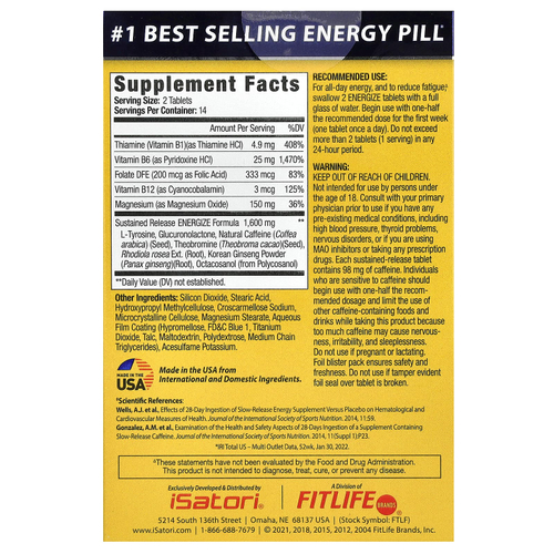 Isatori, Energize, таблетка для повышения энергии на весь день, 28 таблеток