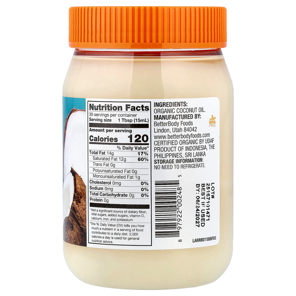 BetterBody Foods, рафинированное органическое кокосовое масло, 458 мл (15,5 жидк. унции)