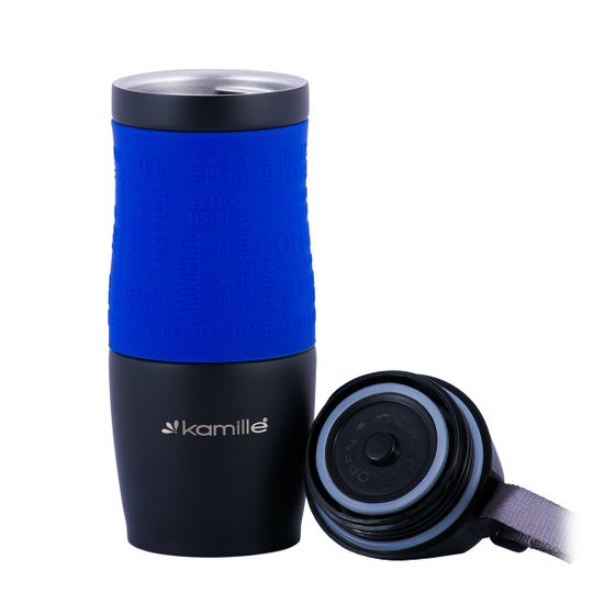 Термокружка 380 мл. из нержавеющей стали Kamille KM 2052A с TPR-вставкой и ремешком