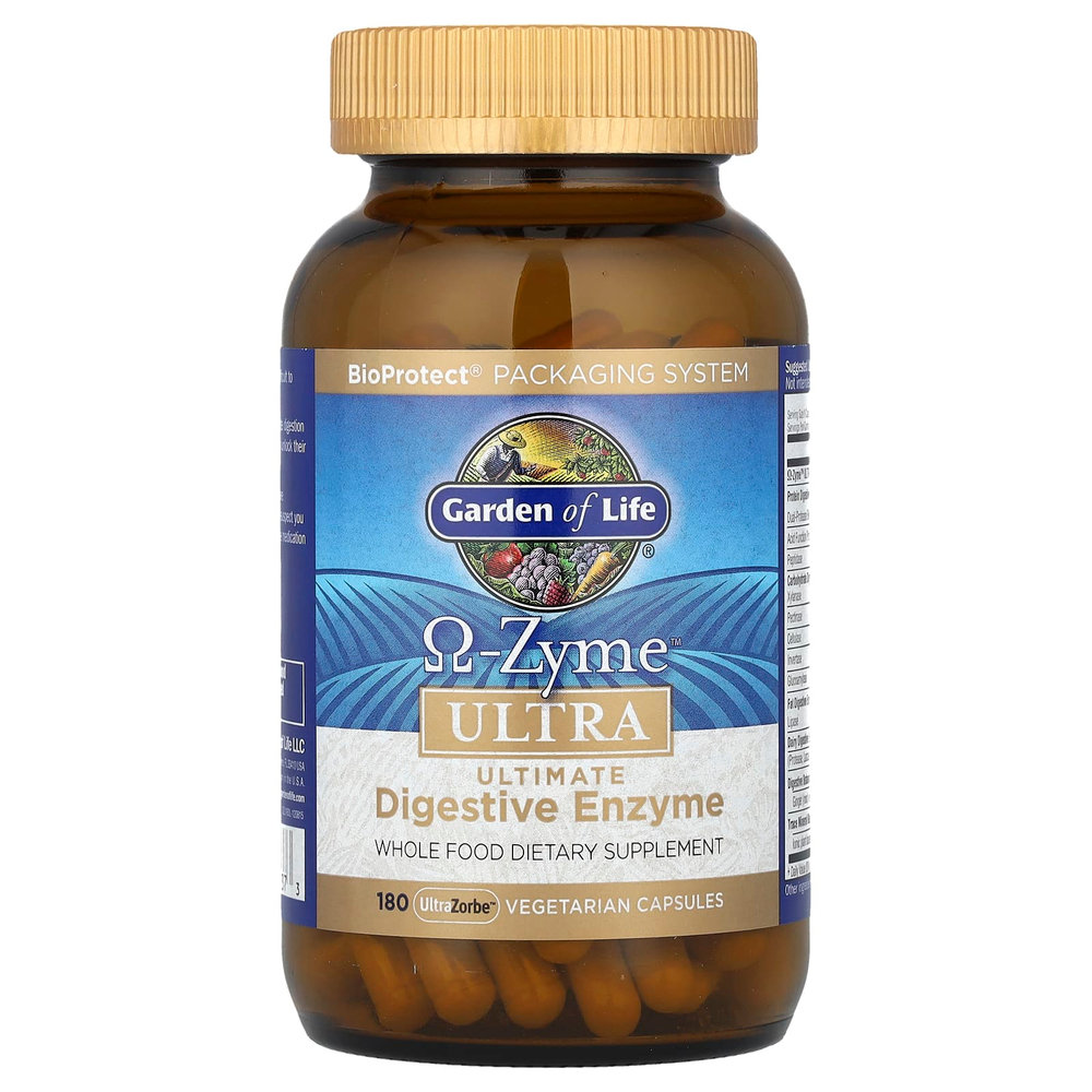 Garden of Life, Ω-Zyme, Ultra, Комплекс пищеварительных ферментов, 180 вегетарианских капсул UltraZorbe