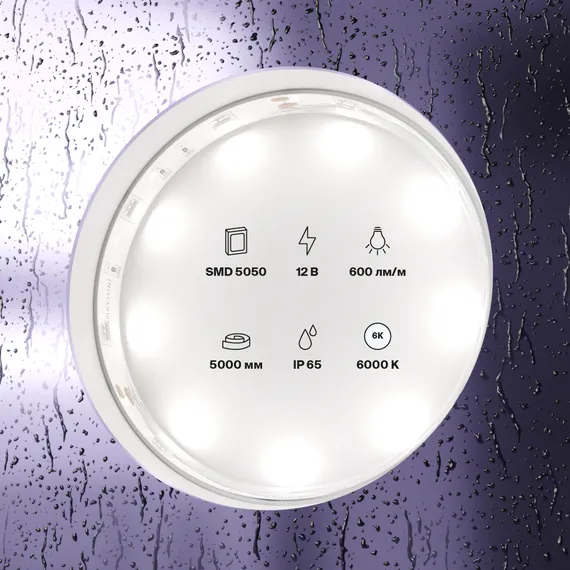 Светодиодная лента 12В 5050 7,2Вт/м 6000K 5м IP65 Led Strip 10125